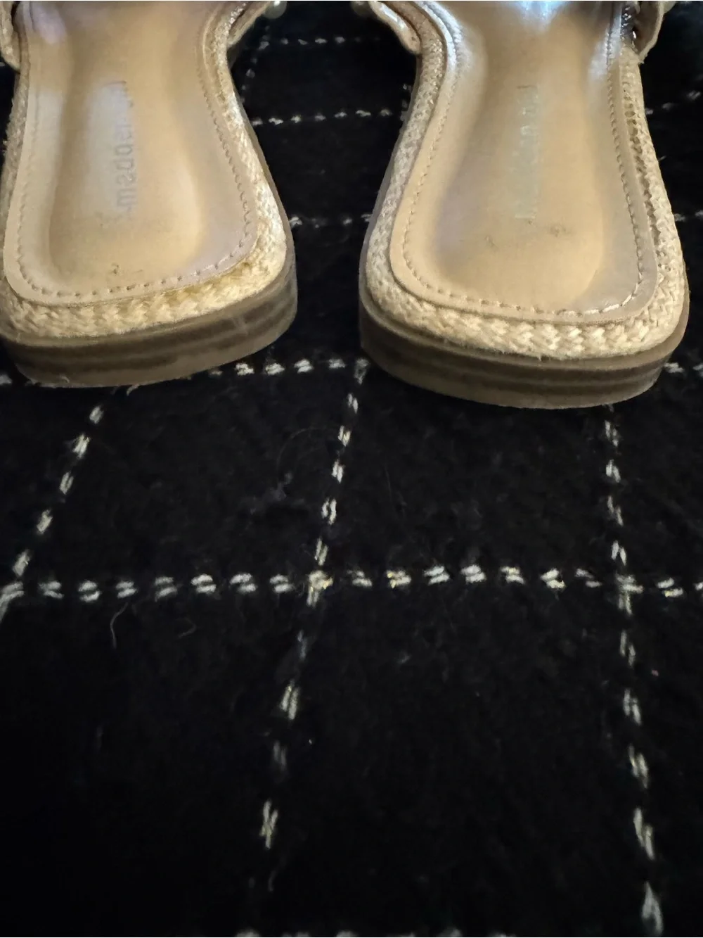 Madden Girl Tan Woven Slide Sandals with Pearl Studs